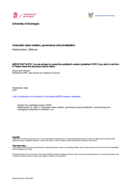 University of Groningen Corporate Value Creation, Governance And