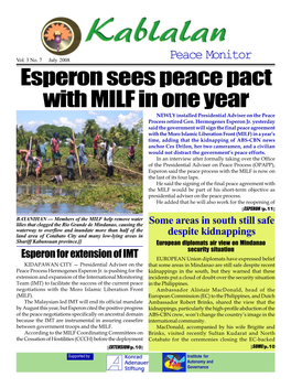 Esperon Sees Peace Pact with MILF in One Year NEWLY Installed Presidential Adviser on the Peace Process Retired Gen