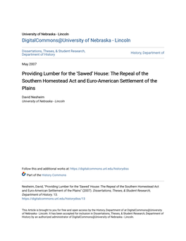 The Repeal of the Southern Homestead Act and Euro-American Settlement of the Plains