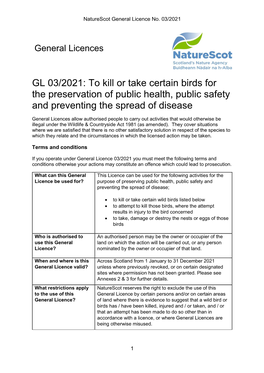 GL 03/2021: to Kill Or Take Certain Birds for the Preservation of Public Health, Public Safety and Preventing the Spread of Disease