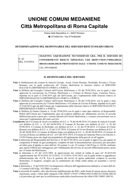 UNIONE COMUNI MEDANIENE Città Metropolitana Di Roma Capitale