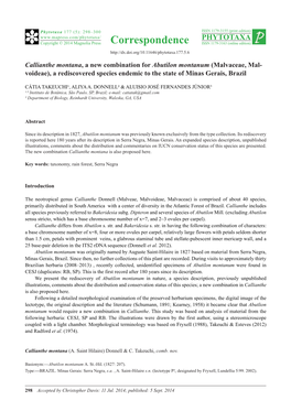 Callianthe Montana, a New Combination for Abutilon Montanum (Malvaceae, Mal- Voideae), a Rediscovered Species Endemic to the State of Minas Gerais, Brazil