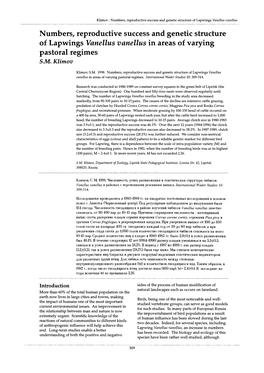 Numbers, Reproductive Success and Genetic Structure of Lapwings <I