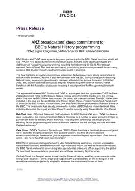 Press Release ANZ Broadcasters' Deep Commitment to BBC's Natural History Programming