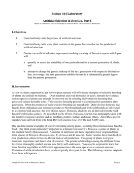 Biology 164 Laboratory Artificial Selection in Brassica, Part I