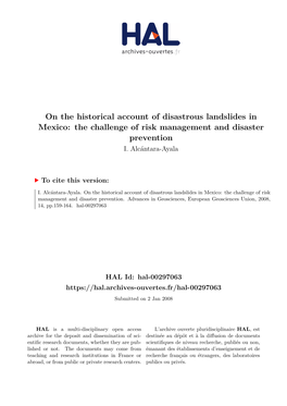 On the Historical Account of Disastrous Landslides in Mexico: the Challenge of Risk Management and Disaster Prevention I