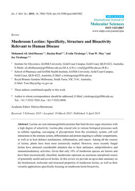 Mushroom Lectins: Specificity, Structure and Bioactivity Relevant to Human Disease