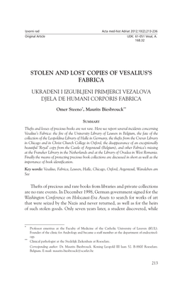 Stolen and Lost Copies of Vesalius's Fabrica