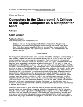 A Critique of the Digital Computer As a Metaphor for Mind