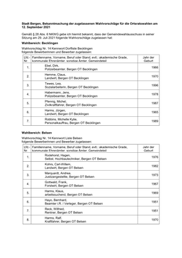 Stadt Bergen, Bekanntmachung Der Zugelassenen Wahlvorschläge Für Die Ortsratswahlen Am 12. September 2021 Gemäß § 28 Abs. 6