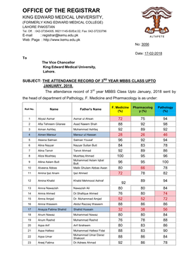 OFFICE of the REGISTRAR KING EDWARD MEDICAL UNIVERSITY, (FORMERLY KING EDWARD MEDICAL COLLEGE) LAHORE PAKISTAN Tel