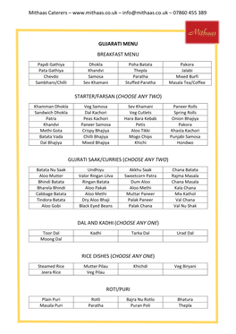 Info@Mithaas.Co.Uk – 07860 455 389 GUJARATI MENU BREAKFAST