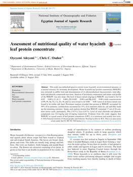 Assessment of Nutritional Quality of Water Hyacinth Leaf Protein Concentrate