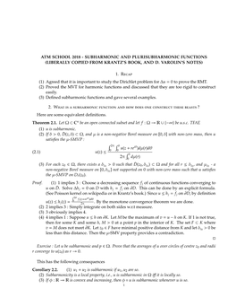 Atm School 2018 - Subharmonic and Plurisubharmonic Functions (Liberally Copied from Krantz’S Book, and D