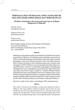 Permasalahan Pendatang Asing Tanpa Izin Di Malaysia Dari Aspek Sosial Dan Perundangan 26 KANUN (2) Rusniah Ahmad, Mohamed Naiem Ajis Dan Saadon Awang 173