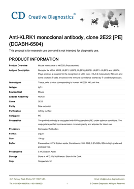 Anti-KLRK1 Monoclonal Antibody, Clone 2E22 [PE] (DCABH-6504) This Product Is for Research Use Only and Is Not Intended for Diagnostic Use