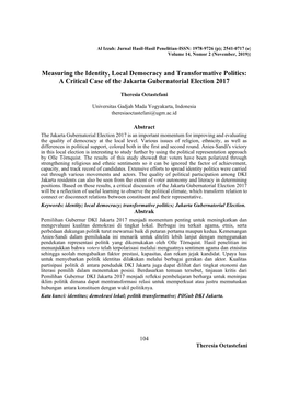 Measuring the Identity, Local Democracy and Transformative Politics: a Critical Case of the Jakarta Gubernatorial Election 2017