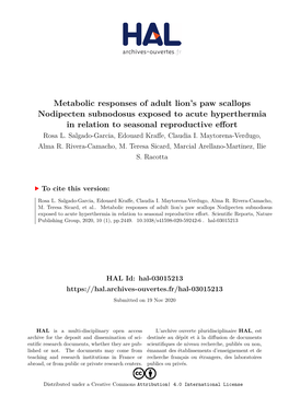 Metabolic Responses of Adult Lion's Paw Scallops Nodipecten