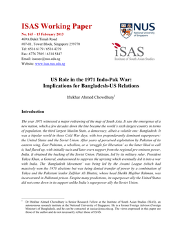 US Role in the 1971 Indo-Pak War: Implications for Bangladesh-US Relations