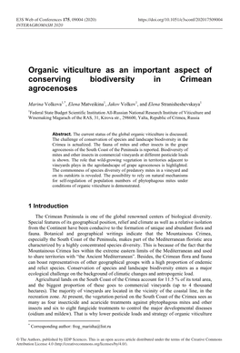 Organic Viticulture As an Important Aspect of Conserving Biodiversity in Crimean Agrocenoses
