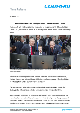 Cobham Supports the Opening of the UK Defence Solutions Centre