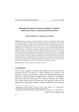 Reforming the Nigerian National Assembly for Legislative Effectiveness: Issues, Constraints and Way-Forward