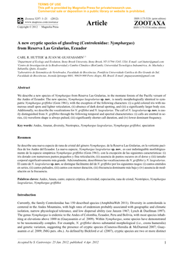 A New Cryptic Species of Glassfrog (Centrolenidae: Nymphargus) from Reserva Las Gralarias, Ecuador