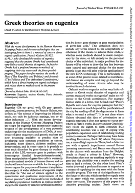 Greek Theories on Eugenics David J Galton St Bartholomew's Hospital, London