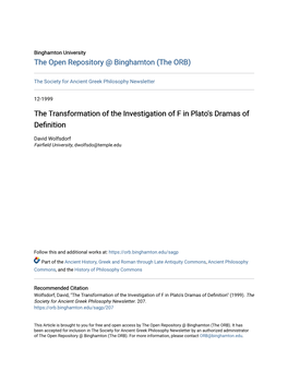 The Transformation of the Investigation of F in Plato's Dramas of Definition