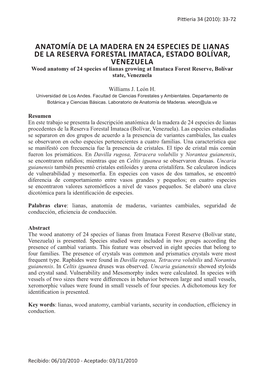 Anatomía De La Madera En 24 Especies De Lianas De La Reserva Forestal Imataca, Estado Bolívar, Venezuela