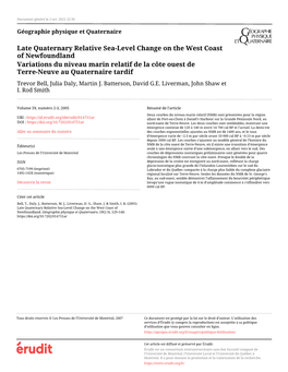 Late Quaternary Relative Sea-Level Change on the West Coast of Newfoundland