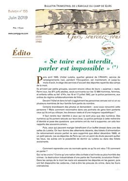 Édito « Se Taire Est Interdit, Parler Est Impossible » (*)