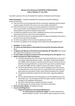 Minutes of the Meeting of AUSTERFIELD PARISH COUNCIL Held on Monday 17Th June 2019