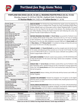 Vs. READING FIGHTIN PHILS (33-25, 72-53) Monday, August 19, 2019 at 7:00 PM • Hadlock Field • Portland, Maine RH Konner Wade (4-4, 3.62) Vs
