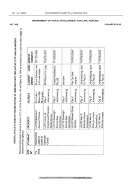 Claim for Restitution of Land Rights: Various Properties in Gauteng