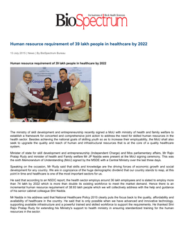 Human Resource Requirement of 39 Lakh People in Healthcare by 2022