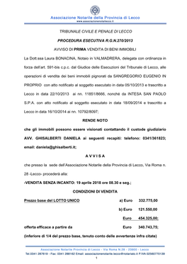 Tribunale Civile E Penale Di Lecco Procedura Esecutiva