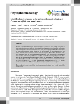 Identification of Acteoside As the Active Antioxidant Principle of Premna Serratifolia Root Wood Tissues