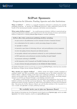 Scipost Sponsors Prospectus for Libraries, Funding Agencies and Other Institutions