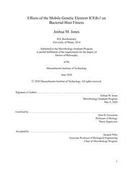 Effects of the Mobile Genetic Element Icebs1 on Bacterial Host Fitness Joshua M. Jones