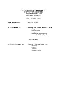 SAN DIEGO SYMPHONY ORCHESTRA PAYARE and WEILERSTEIN a Jacobs Masterworks Concert Rafael Payare, Conductor January 11, 12 And