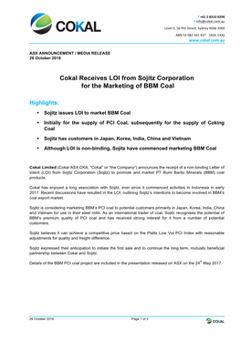 Cokal Receives LOI from Sojitz Corporation for the Marketing of BBM Coal