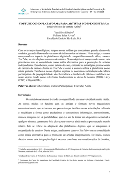 Sociedade Brasileira De Estudos Interdisciplinares Da Comunicação XX Congresso De Ciências Da Comunicação Na Região Nordeste – Juazeiro – BA – 5 a 7/7/2018