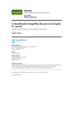 A Classificação Etnográfica Dos Povos De Angola (1.ª Parte) Classification Ethnography of the People of Angola (Part I)