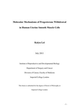 Molecular Mechanisms of Progesterone Withdrawal in Human Uterine Smooth Muscle Cells Kaiyu