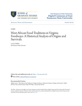 West African Food Traditions in Virginia Foodways: a Historical Analysis of Origins and Survivals