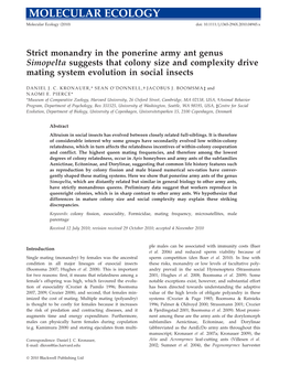 Strict Monandry in the Ponerine Army Ant Genus Simopelta Suggests That Colony Size and Complexity Drive Mating System Evolution in Social Insects