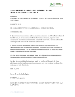 Nombre: REGIMEN DE ORDENAMIENTO PARA LA REGION METROPOLITANA DE SAN SALVADOR