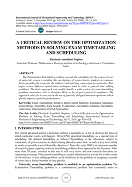 A Critical Review on the Optimization Methods in Solving Exam Timetabling and Scheduling