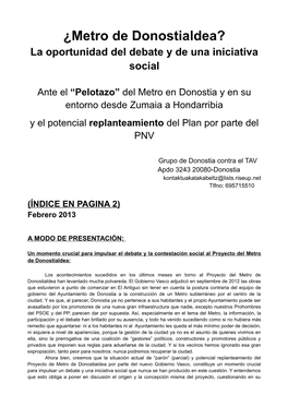 ¿Metro De Donostialdea? La Oportunidad Del Debate Y De Una Iniciativa Social